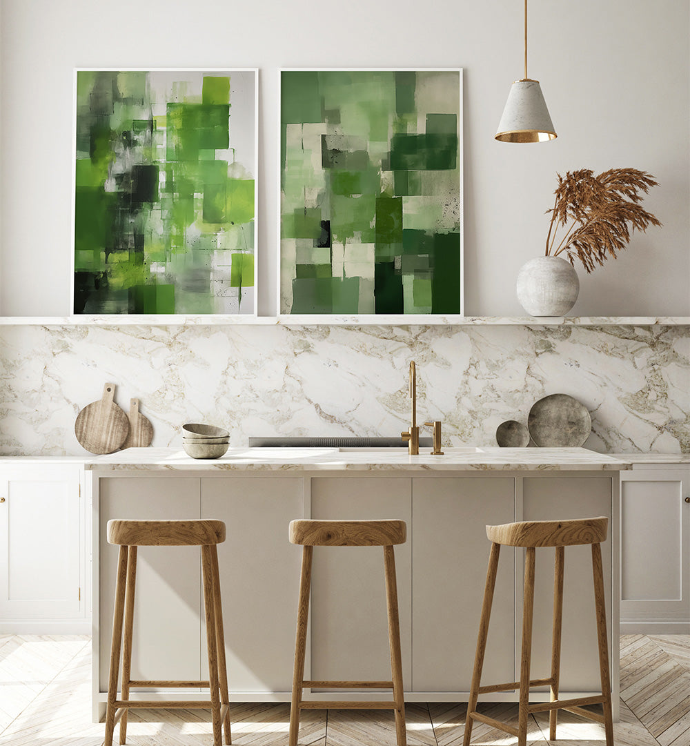 Modern kitchen with abstract green artwork on the wall