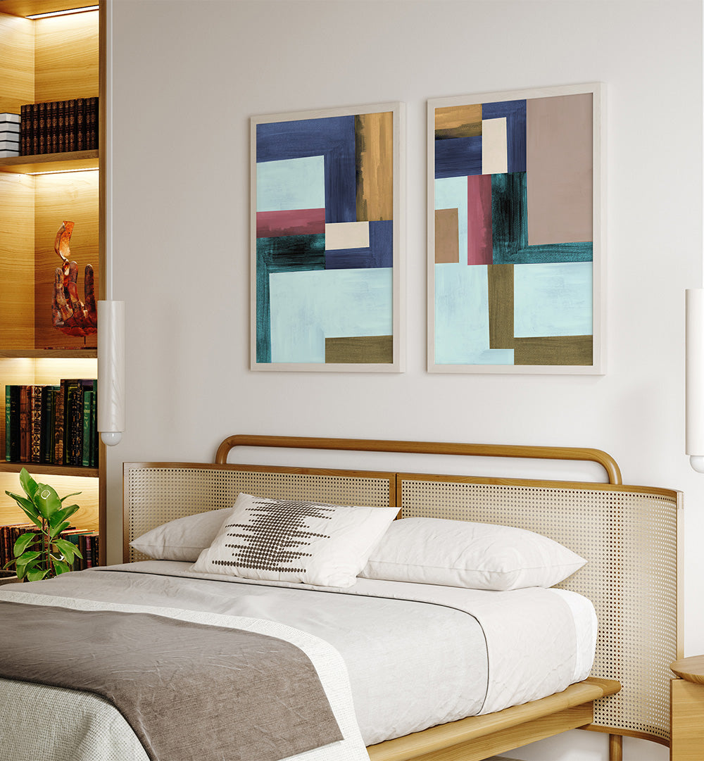 Modern bedroom with a bed, abstract art on the wall, and a plant.