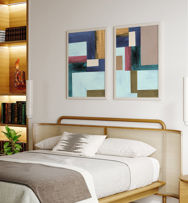 Modern bedroom with a bed, abstract art on the wall, and a plant.