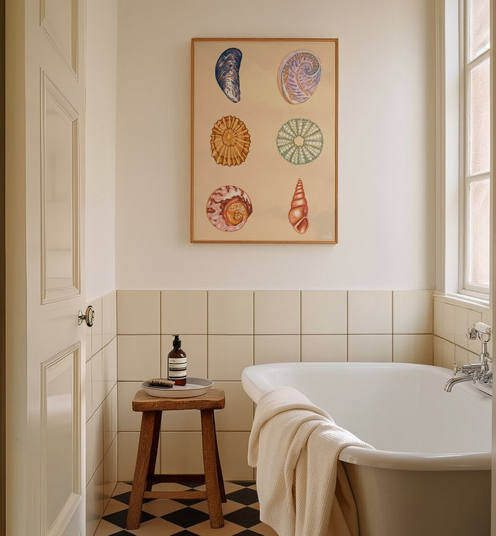 Vibrant SEAGULL SURF CREW, BEACH PAINTINGS enhancing a stylish bathroom with coastal charm and elegance.