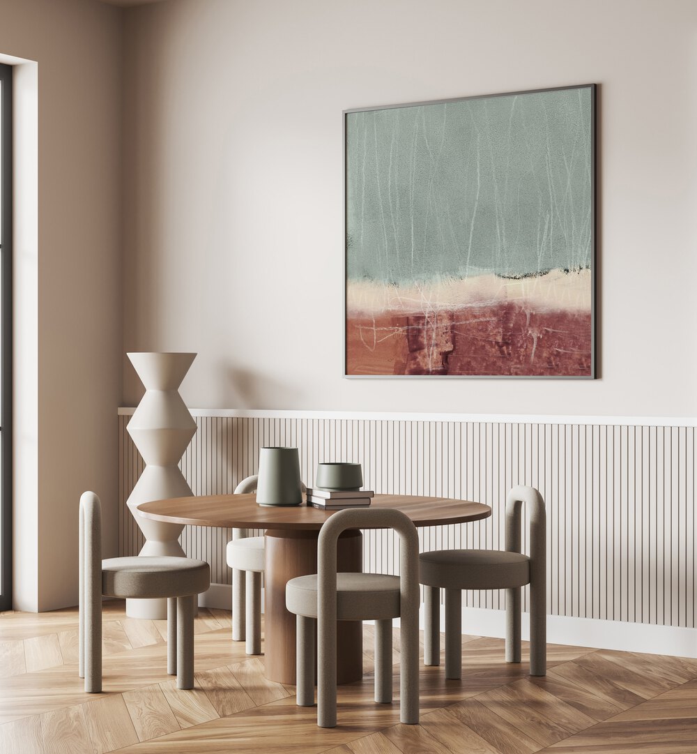 Stylish interior featuring COLOR AND TEXTURE, ABSTRACT PAINTINGS, enhancing creativity and aesthetic appeal.