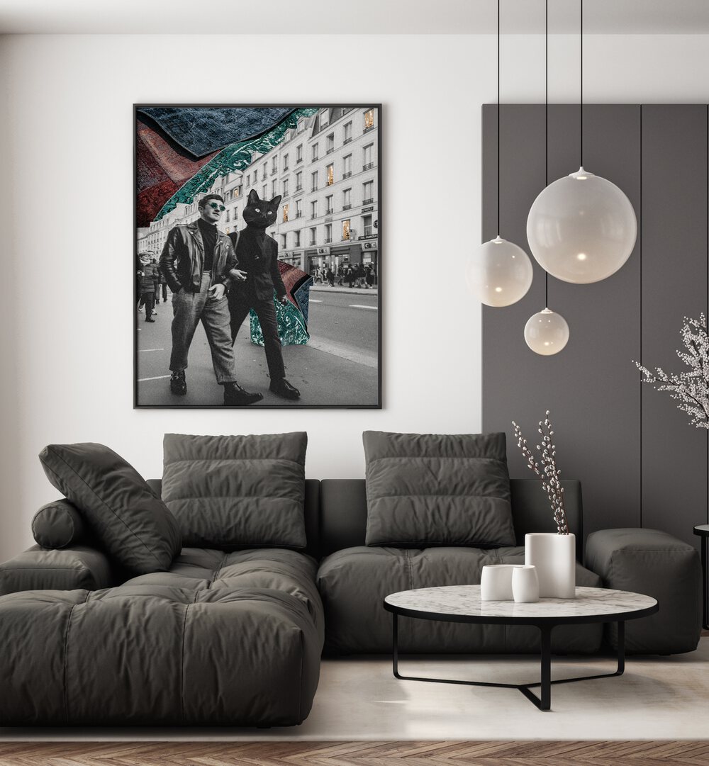 Surreal art print titled "CAT IN CITY," blending urban life with feline charm, perfect for cat lovers.