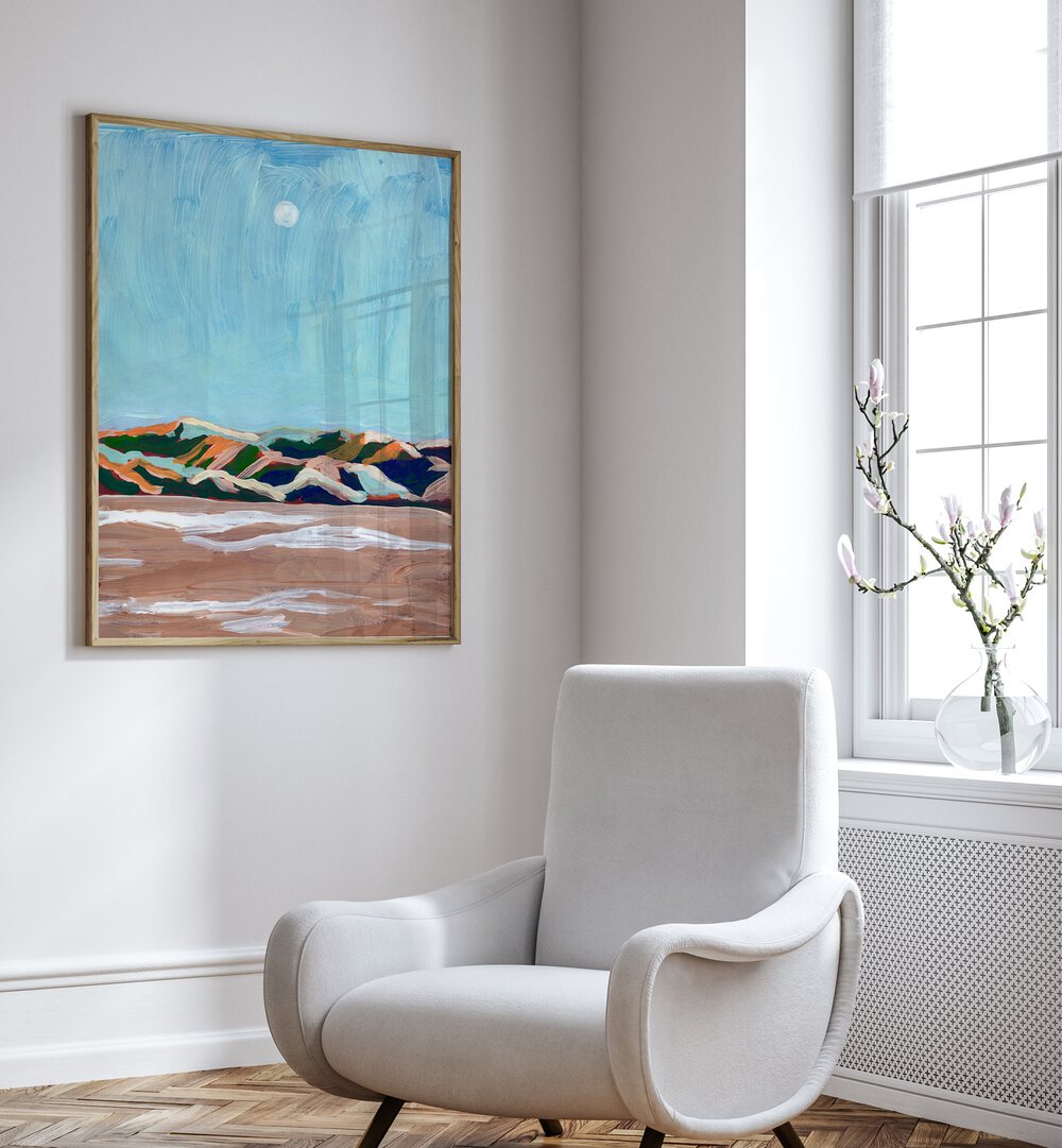 Vibrant COLOURFUL DESSERT, LANDSCAPE PAINTINGS by Eleanor Baker brightening a modern living space.