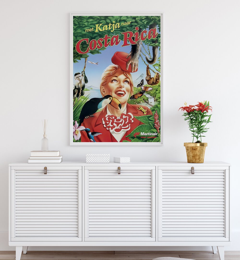 Colorful COSTA RICA, VINTAGE TRAVEL POSTERS on display, showcasing vibrant landscapes and rich biodiversity decor.