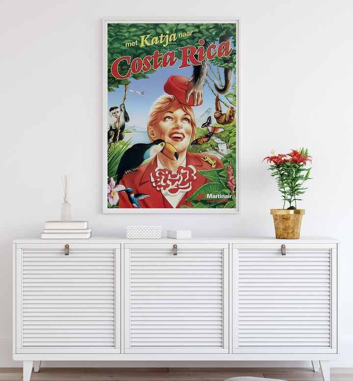 Colorful COSTA RICA, VINTAGE TRAVEL POSTERS on display, showcasing vibrant landscapes and rich biodiversity decor.
