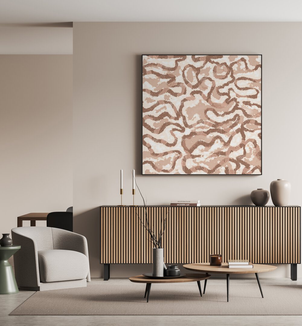 Elegant LABYRINTH, ABSTRACT PAINTINGS adorn a modern living space, showcasing unique colors and shapes.