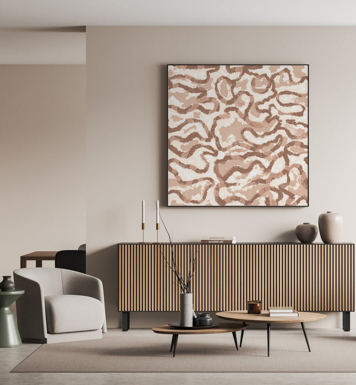 Elegant LABYRINTH, ABSTRACT PAINTINGS adorn a modern living space, showcasing unique colors and shapes.