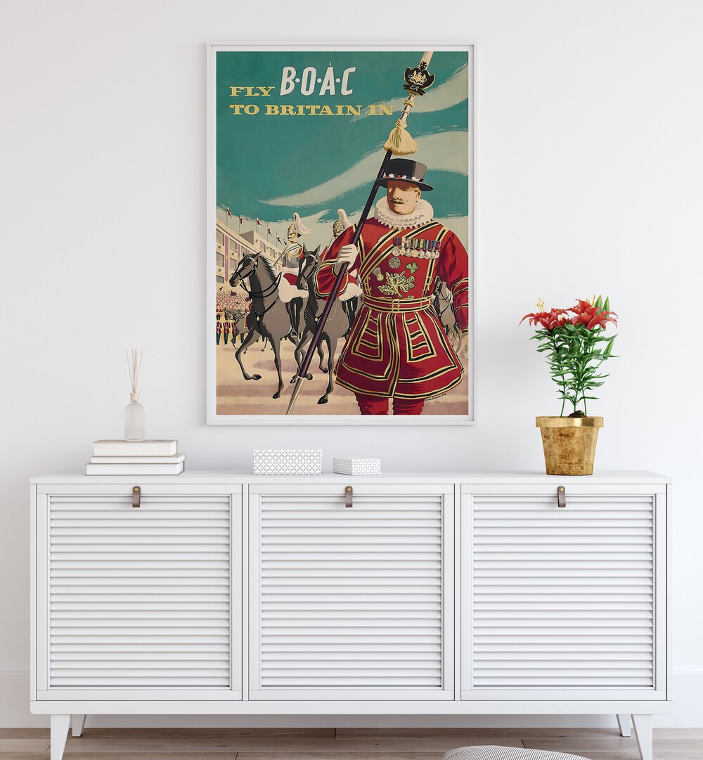 Fly BOAC to Britain with this stunning vintage travel poster showcasing iconic British heritage. Perfect for decor.