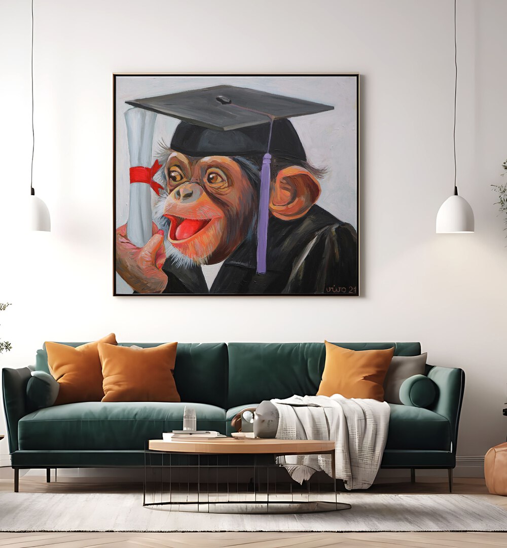 Vibrant CHIMP GRADUATION DAY, COMIC POSTERS featuring a cheerful chimp in a graduation cap, perfect for comic art lovers.