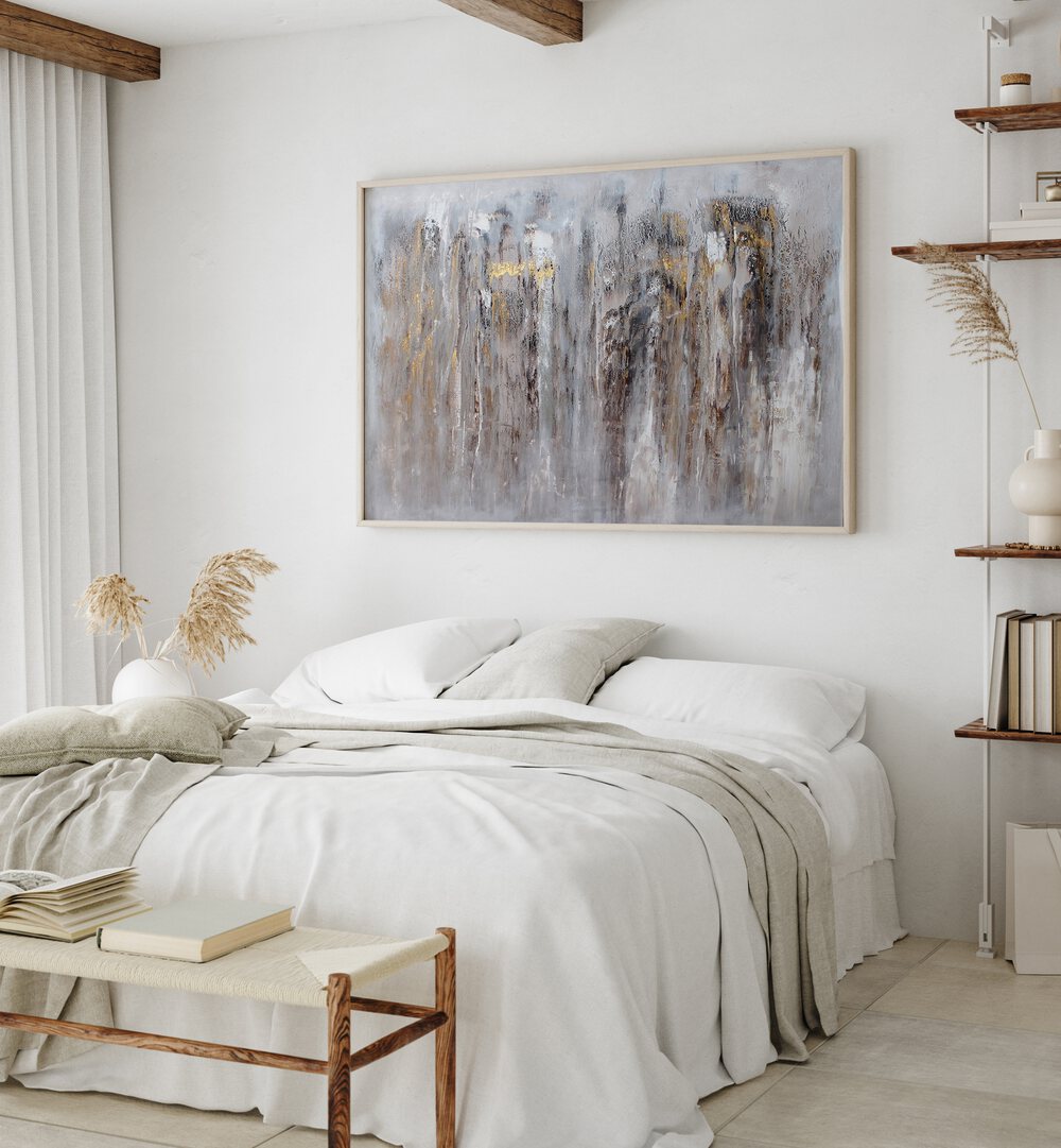 Stylish LEO, ABSTRACT PAINTINGS enhance a serene bedroom atmosphere with soft colors and modern design.