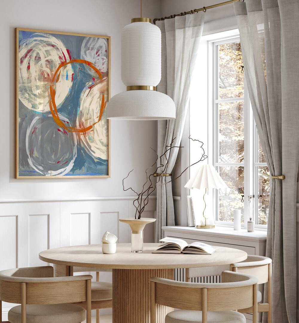 Modern living space featuring LINKED TOGETHER, ABSTRACT PAINTINGS, enhancing decor with vibrant colors and unique design.