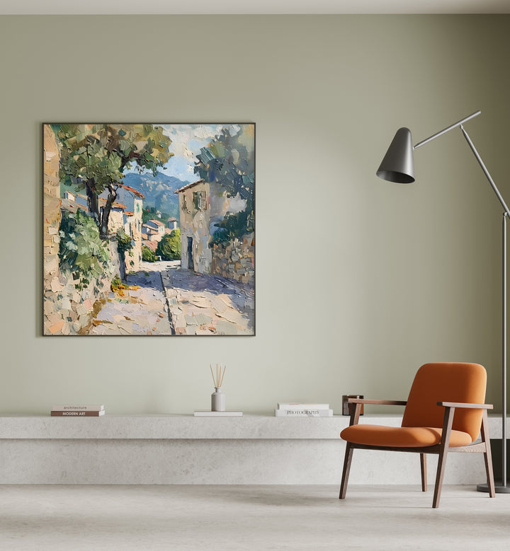 Vibrant artwork titled STREET IN MALLORCA IV, capturing Mediterranean charm in a stylish interior setting.