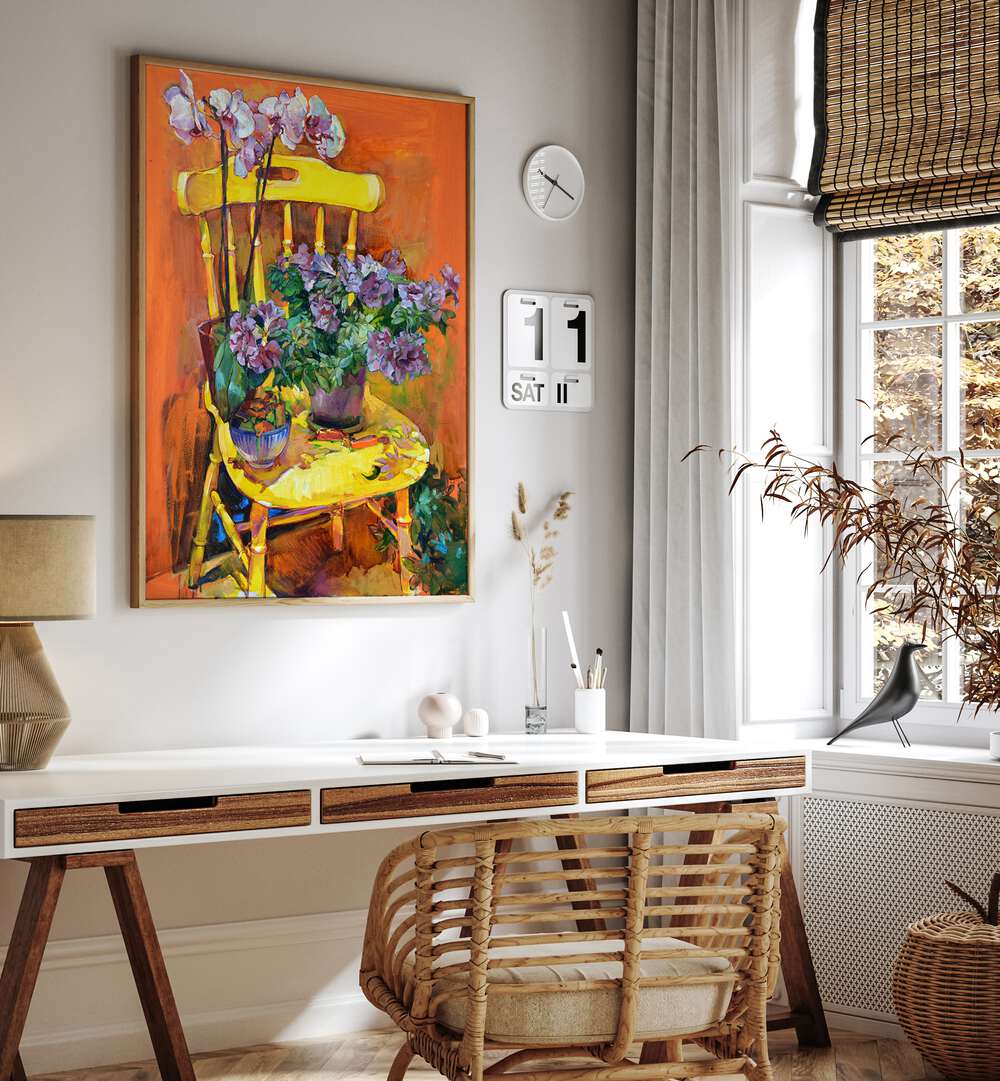Brightly colored CHAIR WITH CUP PLANTS VIII, FLORAL FLOWER PAINTINGS, adds style and charm to any space.