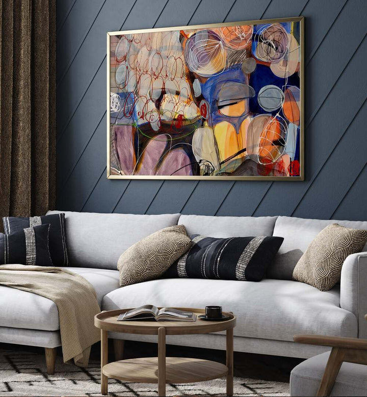 Vibrant DEAR DIARY III, ABSTRACT PAINTINGS adorn a modern living space, showcasing dynamic hues and brush strokes.