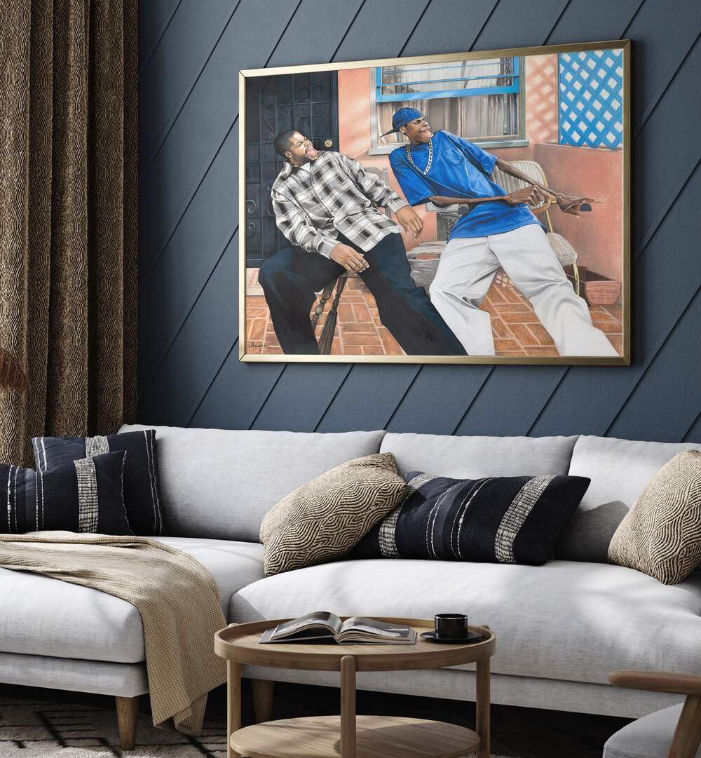 Stylish living room featuring FRIDAY, AFRICAN ART PAINTINGS, enhancing the decor with vibrant culture and elegance.
