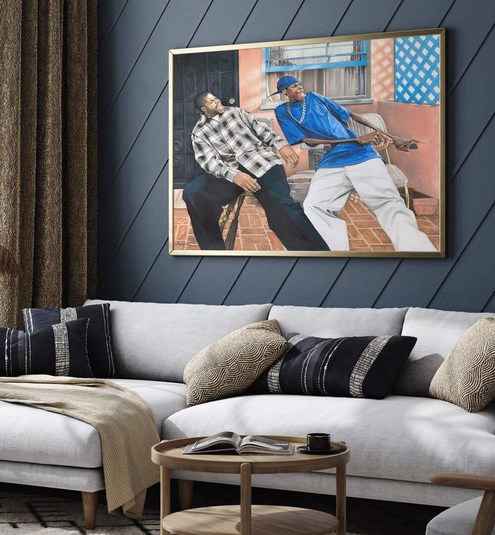 Stylish living room featuring FRIDAY, AFRICAN ART PAINTINGS, enhancing the decor with vibrant culture and elegance.