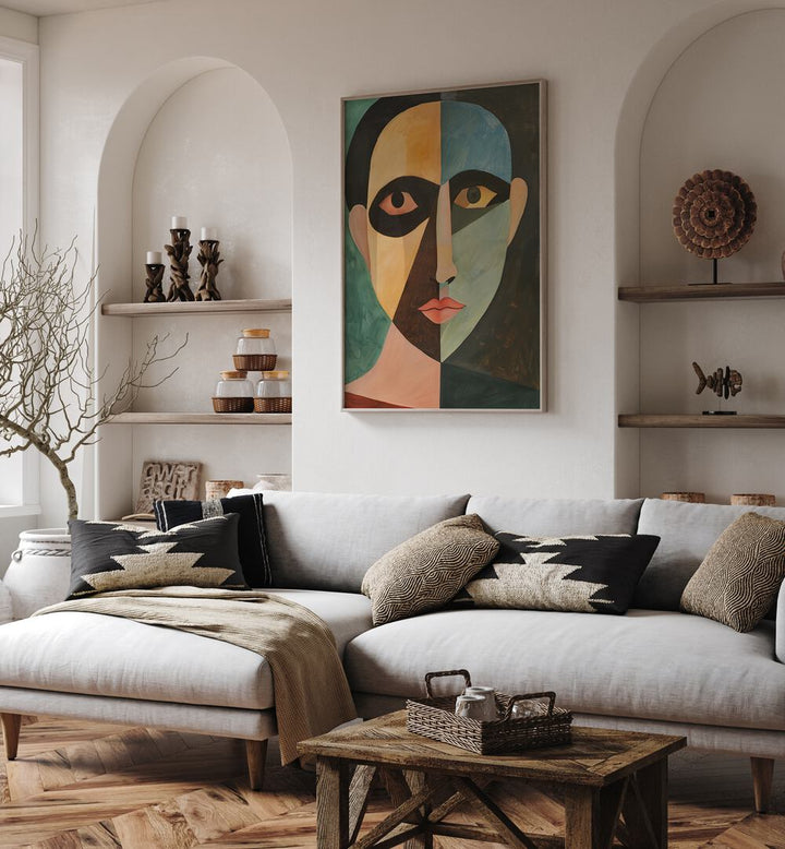 Stylish interior featuring "THE MAN IN GREEN, PORTRAITS" artwork, adding a modern touch to home decor.