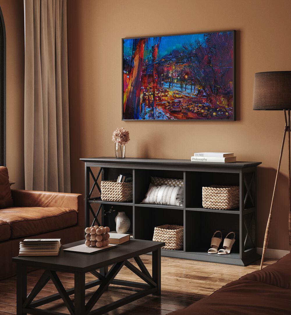 Vibrant WINTER KYIV, LANDSCAPE PAINTINGS displayed in a cozy living room, enhancing winter decor with elegance.