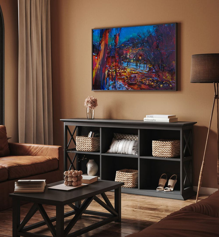Vibrant WINTER KYIV, LANDSCAPE PAINTINGS displayed in a cozy living room, enhancing winter decor with elegance.