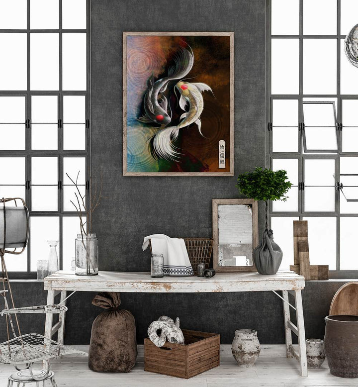 Elegant DARK KOI, JAPANESE PAINTINGS adorn a stylish interior, enhancing beauty and functionality in any space.