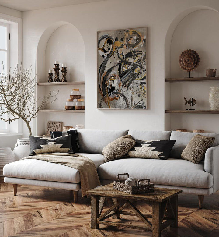 YUKI II, ABSTRACT PAINTINGS enhances a modern living space with dynamic design and vibrant colors.