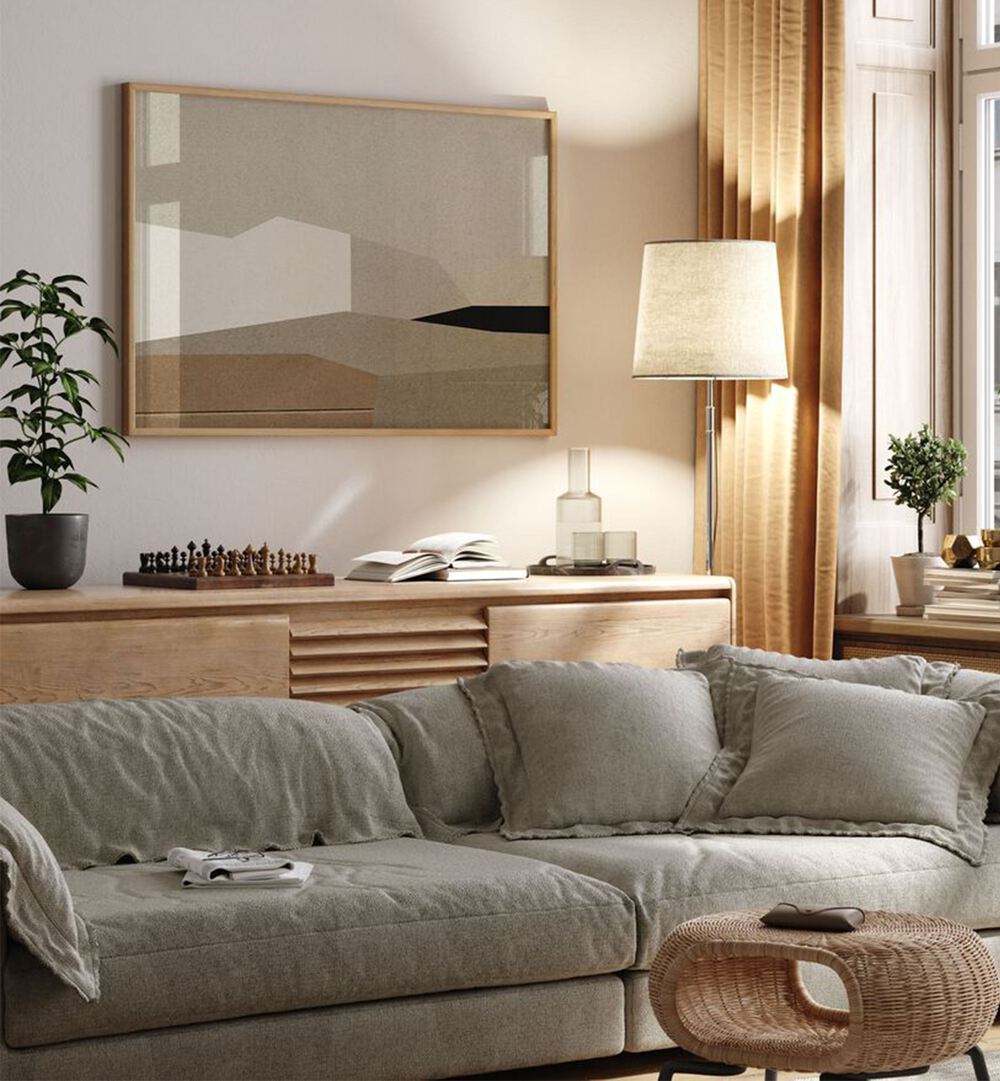Stylish living room featuring HOMELAND, ABSTRACT PAINTINGS, enhancing the space with creativity and emotional depth.
