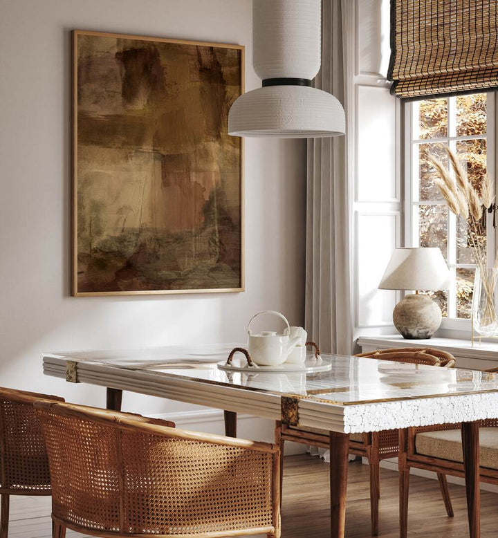 Elegant dining area featuring "YESTERDAY'S WISHES, ABSTRACT PAINTINGS" enhancing the sophisticated decor.