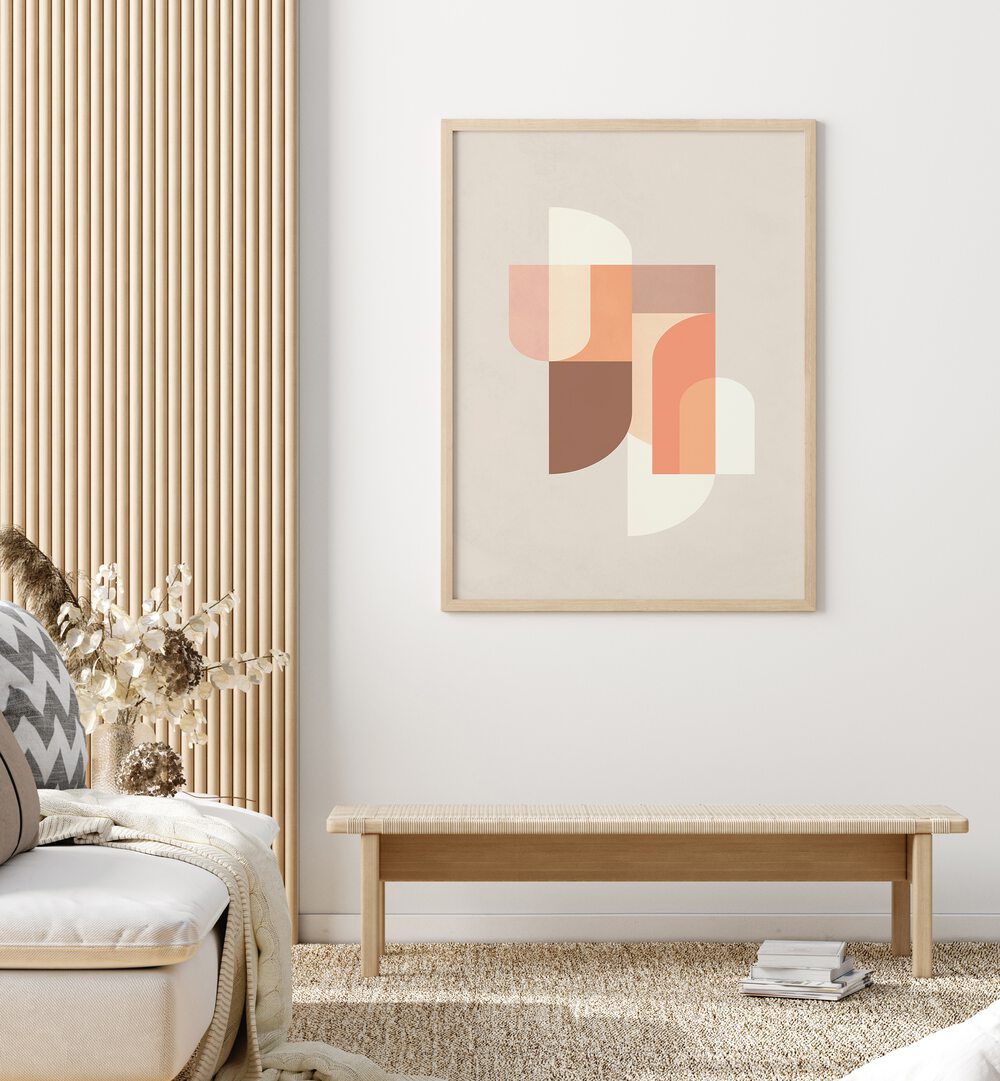 Bright RETRO GEOMETRIC III art print showcased in a stylish living room, perfect for modern and vintage decor.