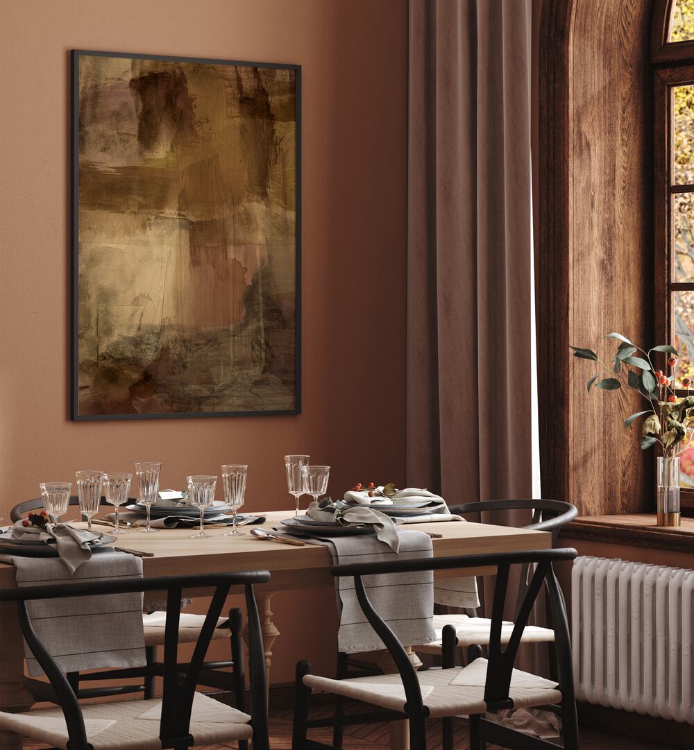 Elegant dining space featuring YESTERDAY'S WISHES, ABSTRACT PAINTINGS, enhancing the room's warm, inviting atmosphere.