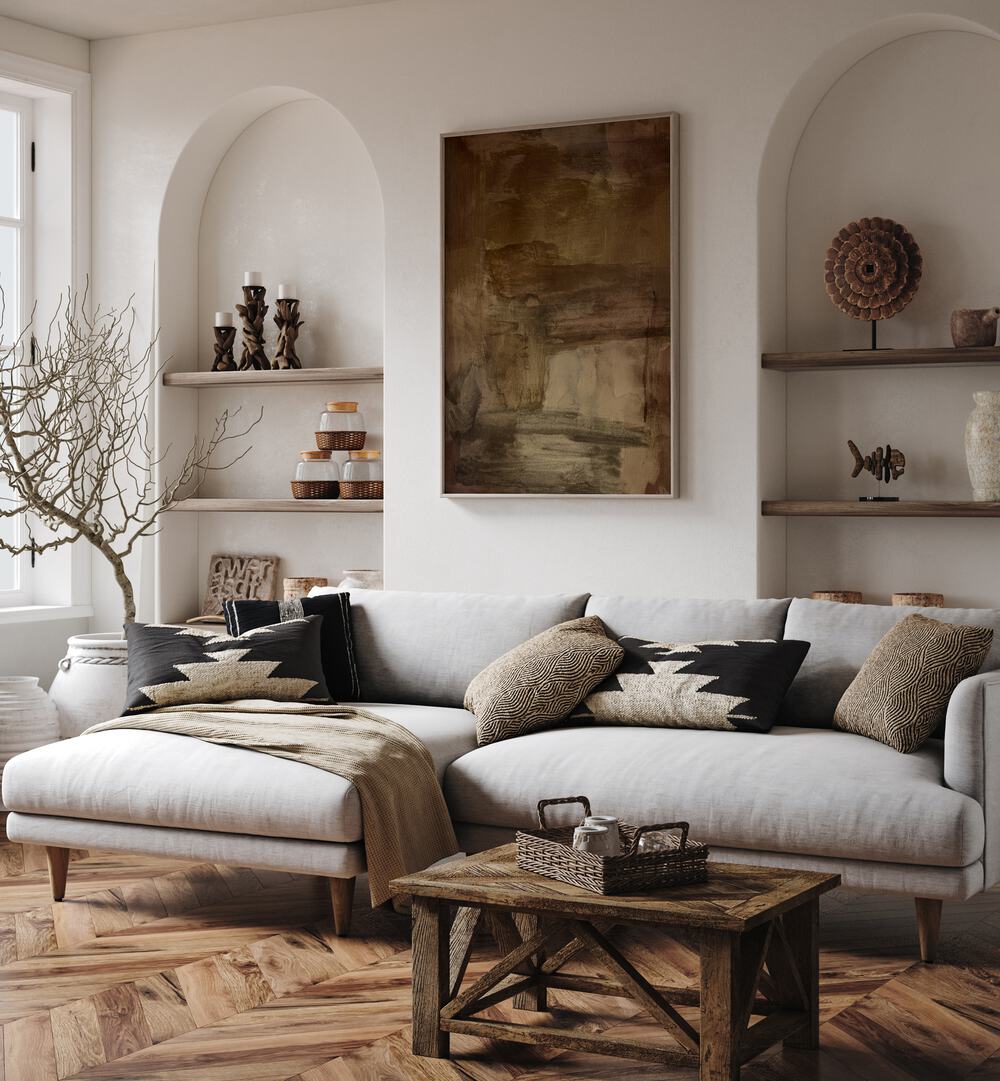 Elegant living room featuring YESTERDAYS WISHES II, ABSTRACT PAINTINGS, enhancing modern decor with a warm palette.