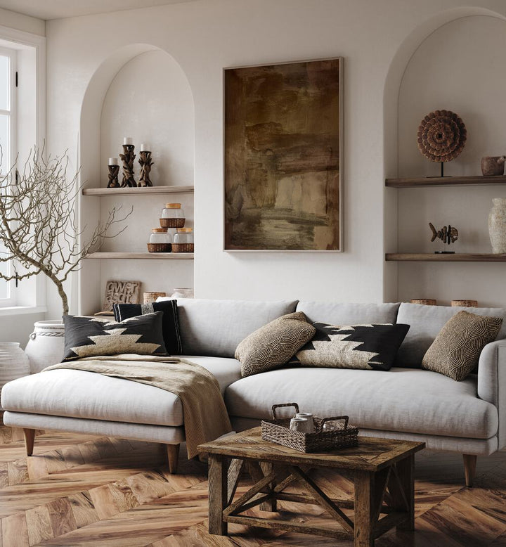 Elegant living room featuring YESTERDAYS WISHES II, ABSTRACT PAINTINGS, enhancing modern decor with a warm palette.