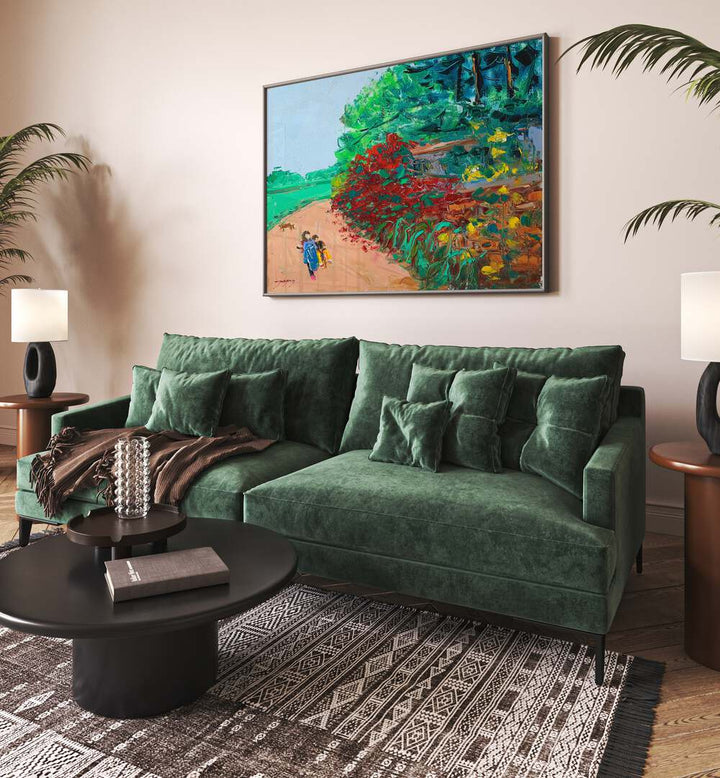 Brightly colored WILD ROSE WALL PATH, LANDSCAPE PAINTINGS enhancing a cozy living room with stylish decor.