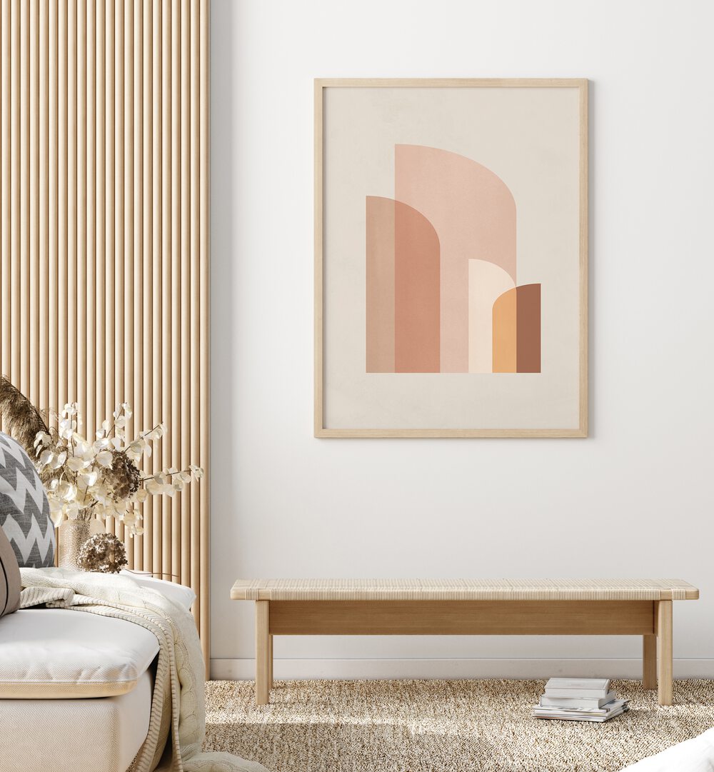 Stylish RETRO GEOMETRIC IV art print showcased in a modern living room, enhancing decor with geometric charm.