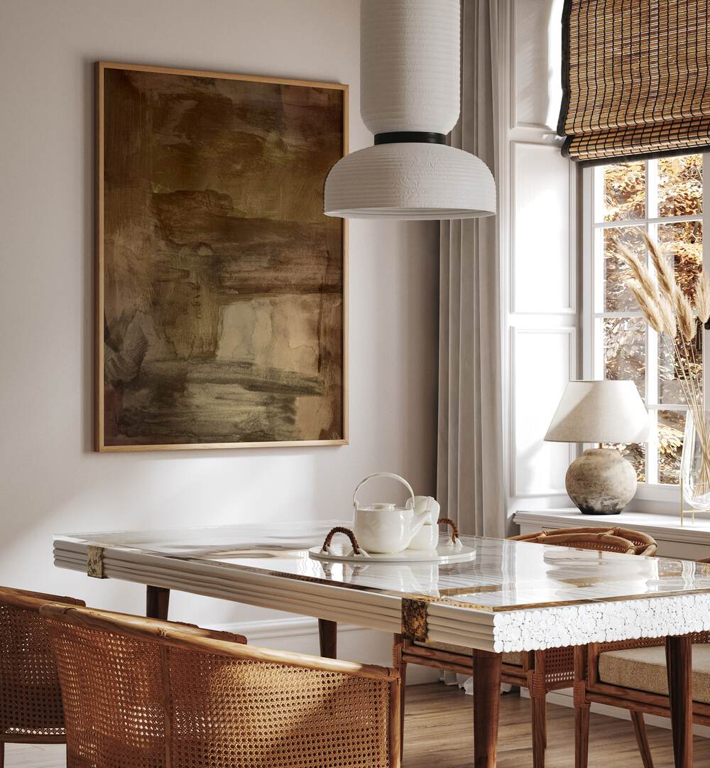Elegant interior featuring YESTERDAYS WISHES II, ABSTRACT PAINTINGS, enhancing the modern dining space's ambiance.