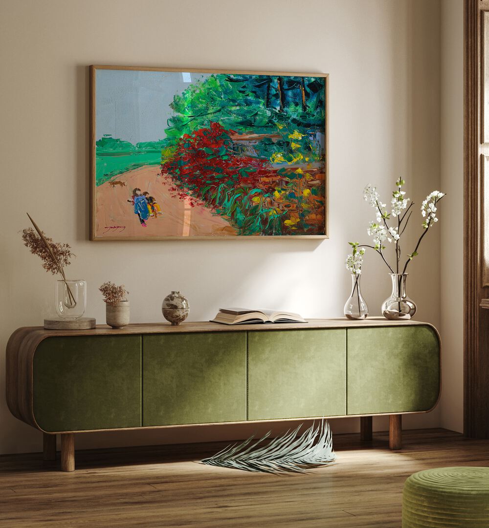 Brightly colored WILD ROSE WALL PATH, LANDSCAPE PAINTINGS showcased above a stylish green sideboard in a modern interior.