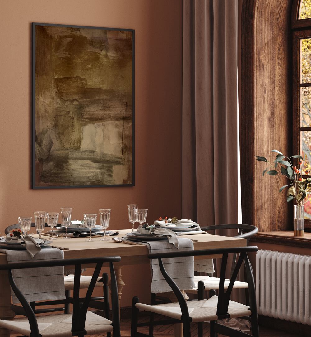 Elegant dining room featuring YESTERDAYS WISHES II, ABSTRACT PAINTINGS, enhancing the warm atmosphere. Perfect for decor.