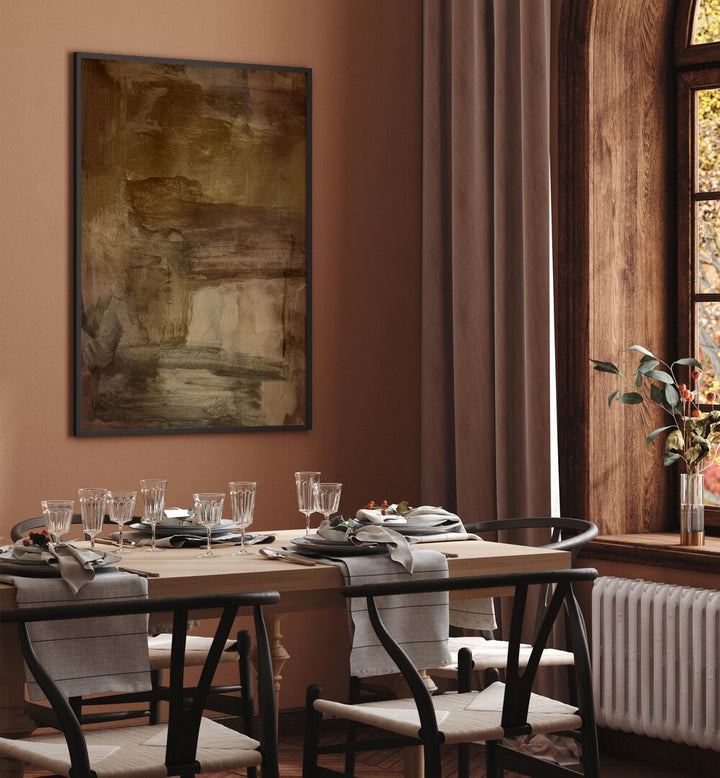 Elegant dining room featuring YESTERDAYS WISHES II, ABSTRACT PAINTINGS, enhancing the warm atmosphere. Perfect for decor.