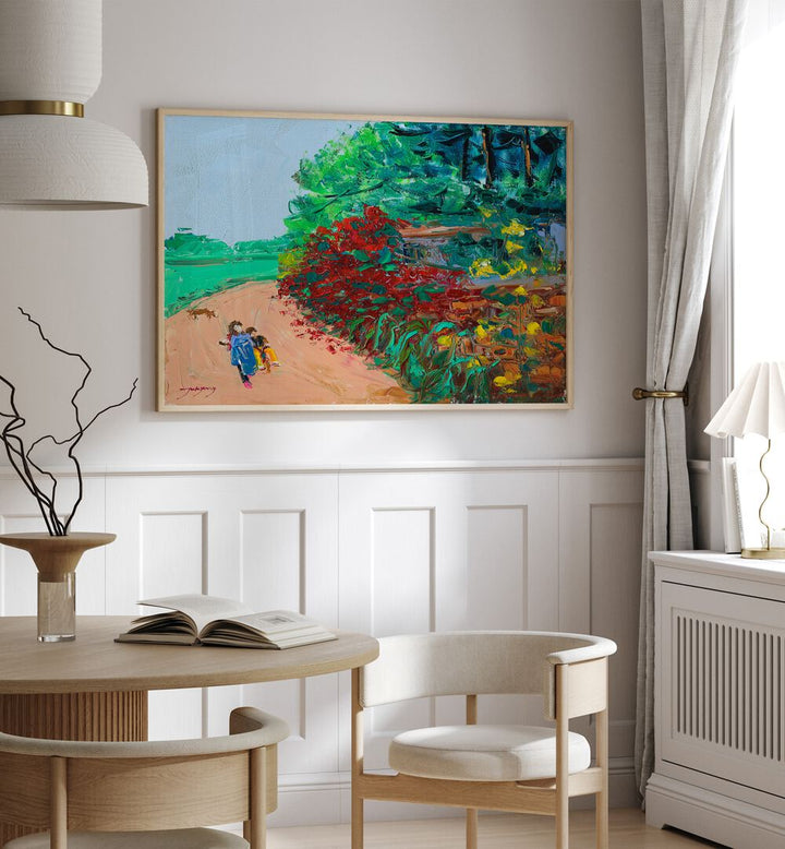 Vibrant WILD ROSE WALL PATH, LANDSCAPE PAINTINGS enhancing a cozy room with beautiful floral scenery.