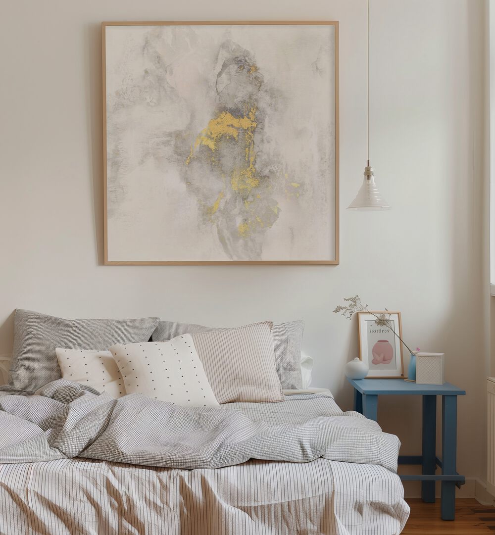 Stylish bedroom featuring YOSEMITE FALLS I, ABSTRACT PAINTINGS, adding elegance to the cozy decor.