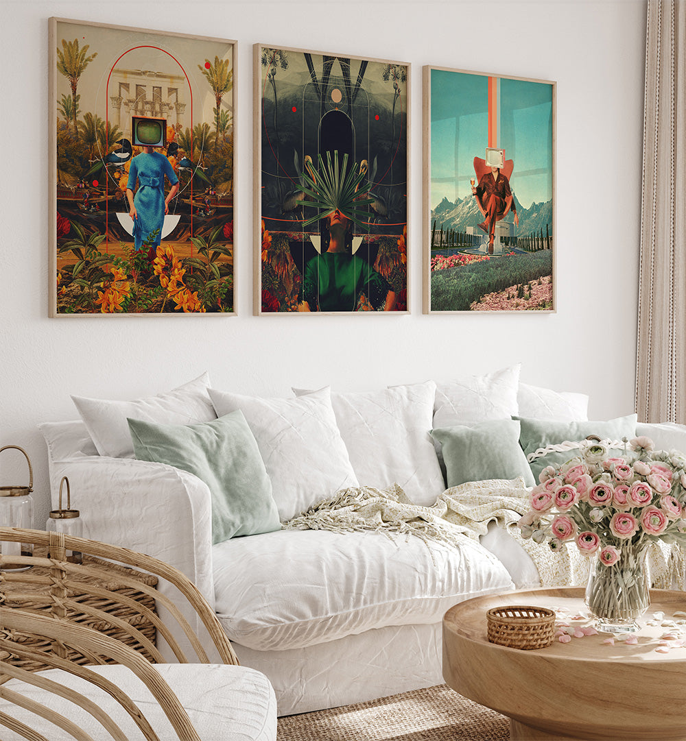Living room with a white sofa, wicker chair, and colorful abstract paintings on the wall.