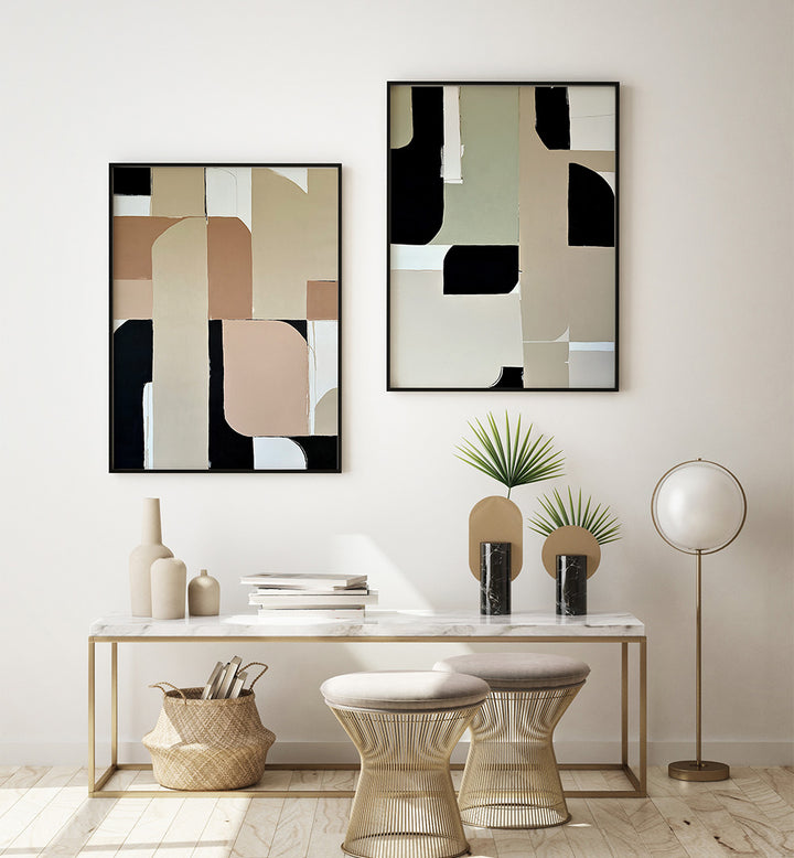 Modern interior with abstract art, a console table, and decorative items.