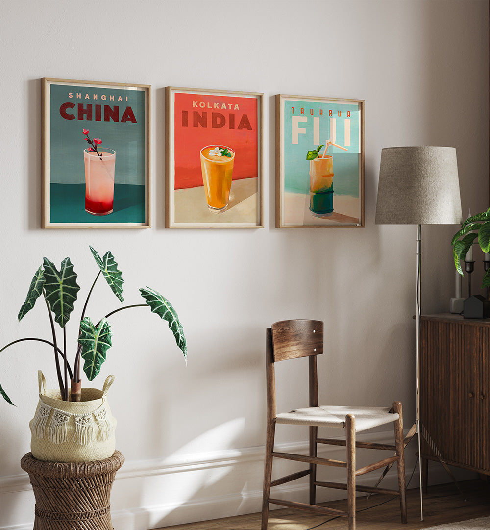 COCKTAIL CAPITALS SET , SET OF 3 PAINTINGS