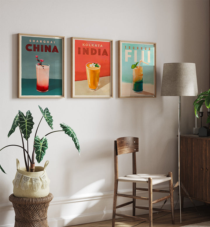 COCKTAIL CAPITALS SET , SET OF 3 PAINTINGS