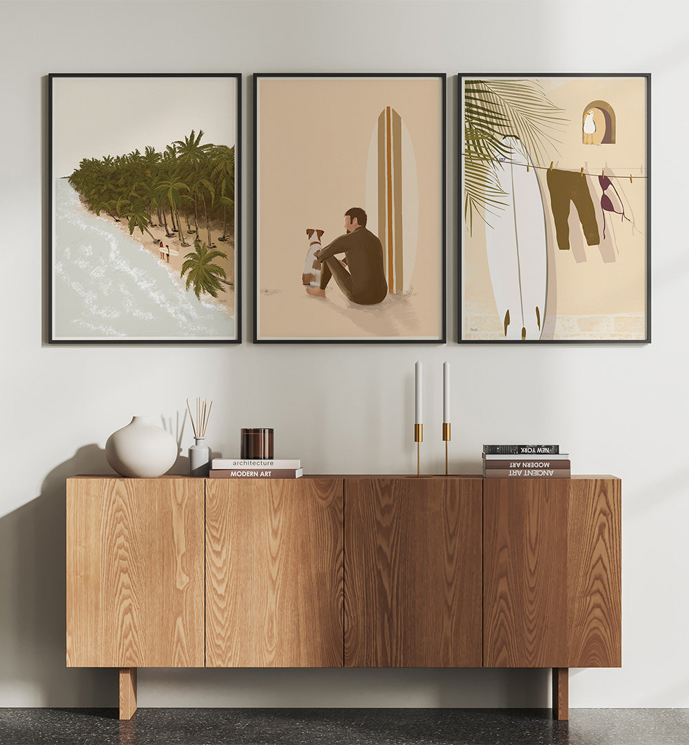 Wooden sideboard with decorative items and wall art in a modern interior setting.