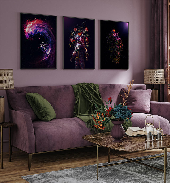 Living room with a purple sofa, decorative pillows, and wall art.