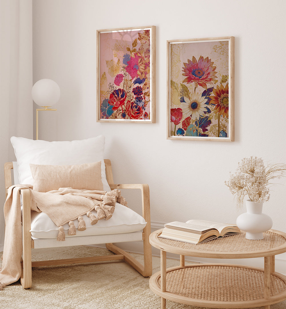 Living room with a wooden armchair, floral artwork, and a small table with a book and vase.