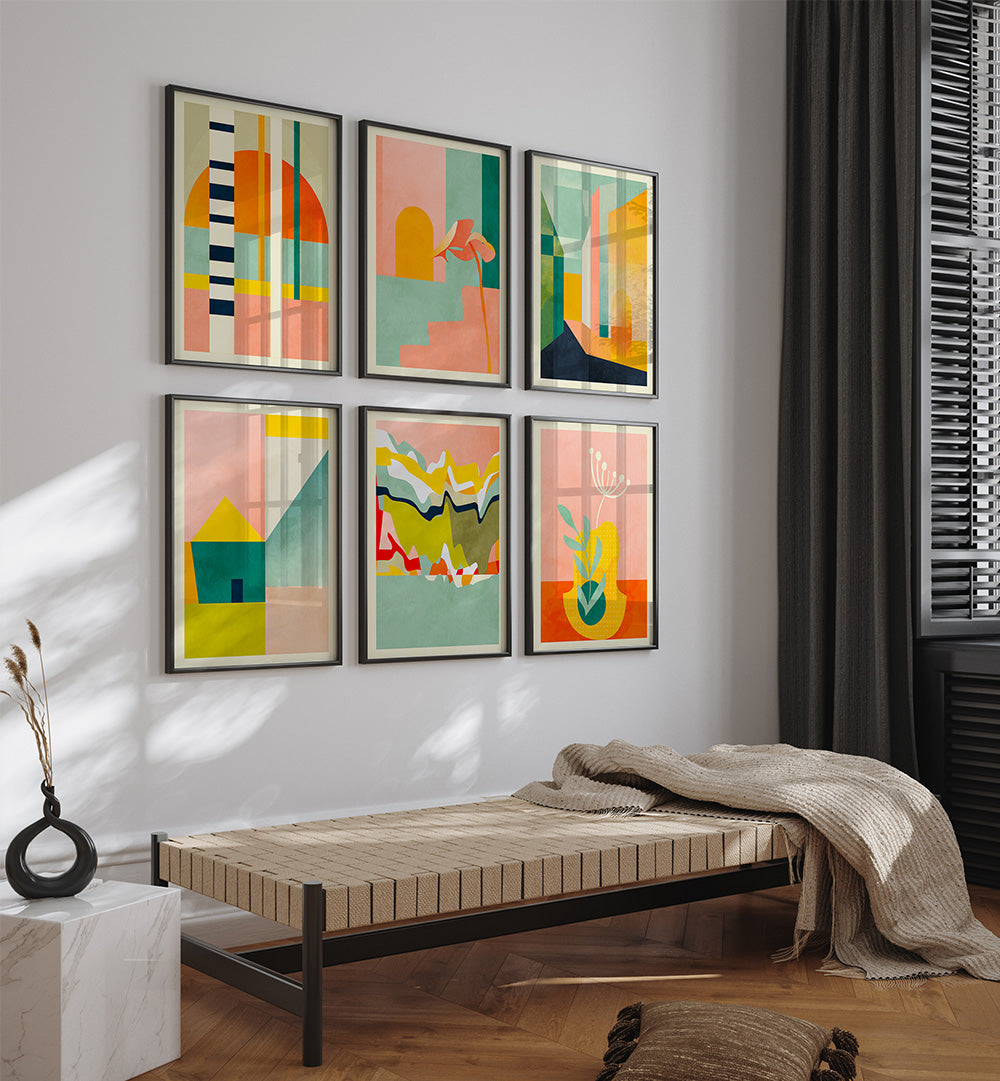 Modern bedroom with abstract wall art and a bed.