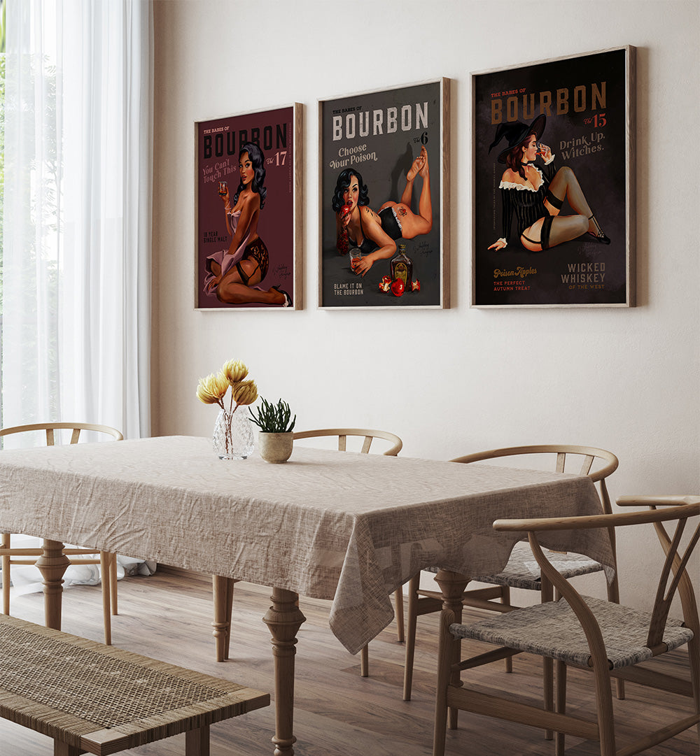 Dining room with framed posters on the wall