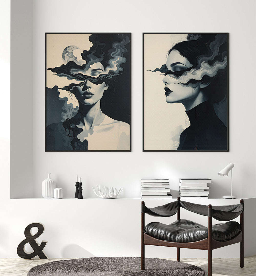 Two artistic wall posters of a woman's face with cloud-like features in a modern interior setting.