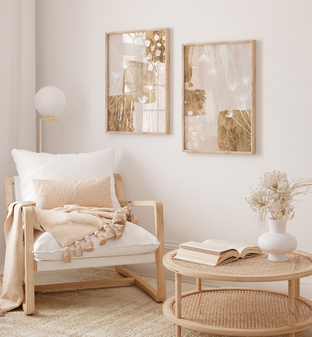 Cozy living room with a wooden armchair, coffee table, and abstract wall art.